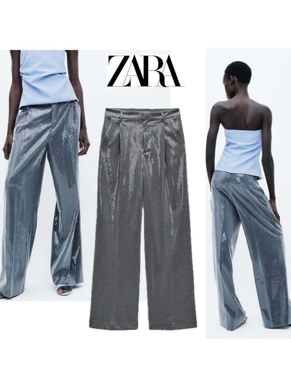 Zara women’s gray sequin wide leg pleated  menswear pants M NWOT sparkly festive